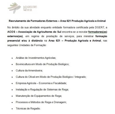 A ACOS está a recrutar formadores externos em regime de prestação de serviços